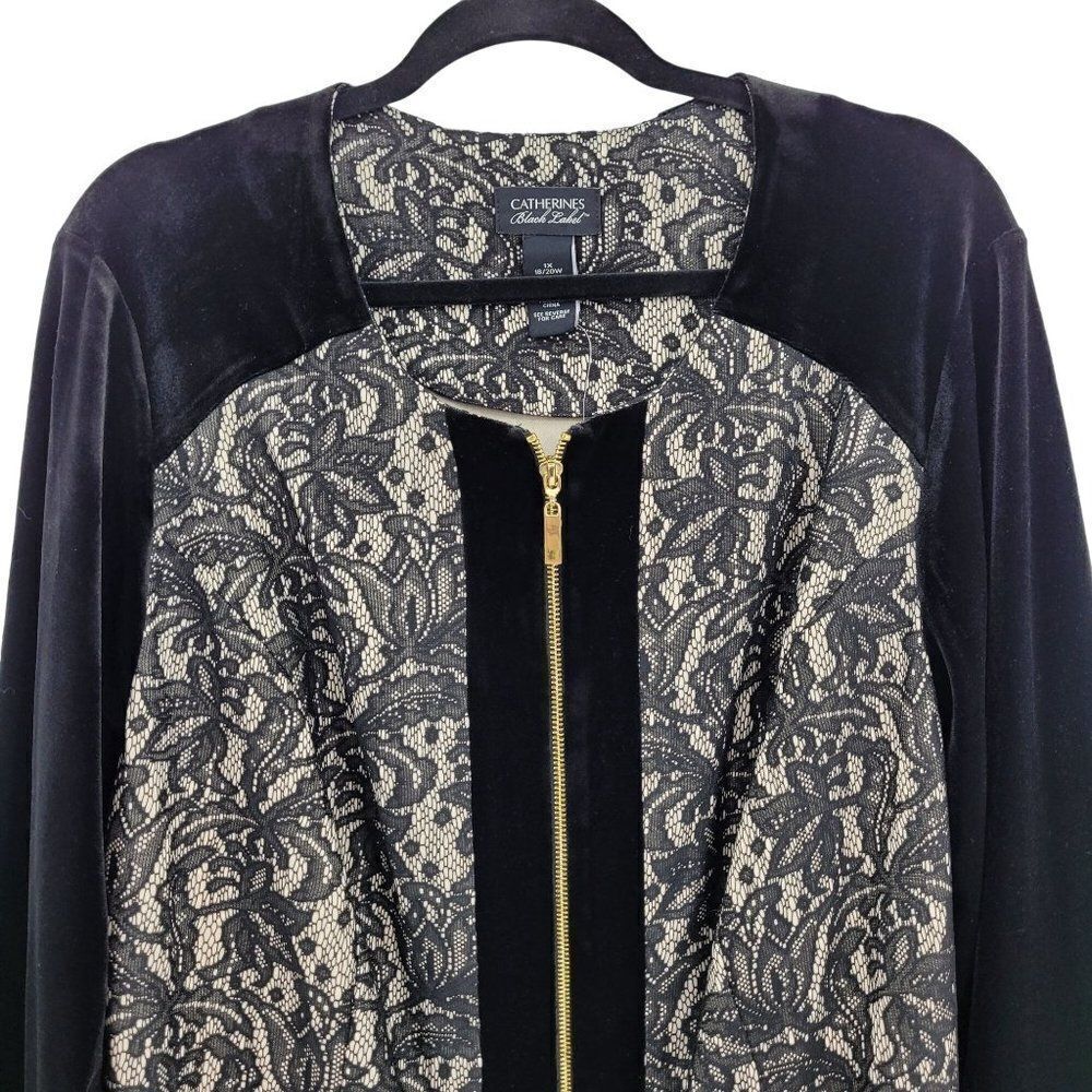 Catherines Black Label Formal Shacket Top 1X Black Velour Lace Blocking Zip Goth - Picture 7 of 14